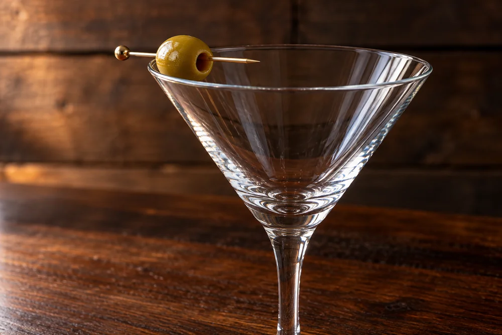 Dry Martini · Garnish on a wooden bar
