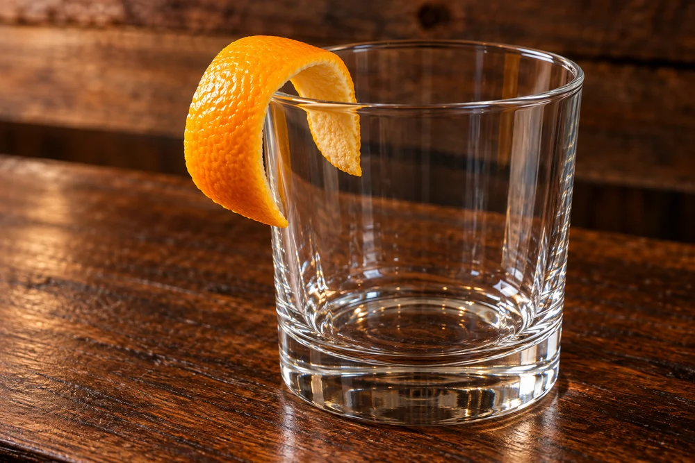 Screwdriver · Garnish on a wooden bar