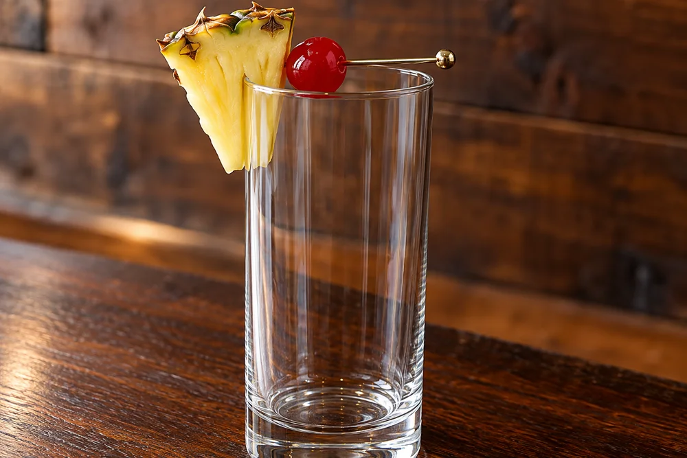 Blackjack Pineapple Balsamico · Garnish on a wooden bar