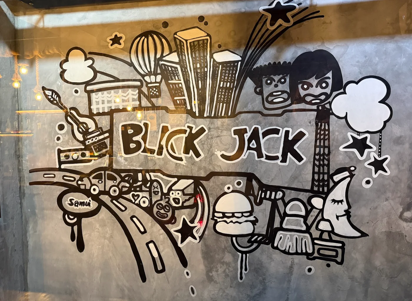 Original Blackjack mural with Samui and music motifs